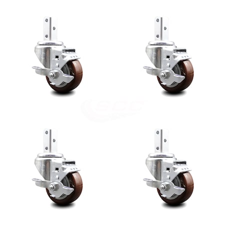 Service Caster 3.5 Inch Maroon Poly Wheel Swivel 7/8 Inch Square Stem Caster Set with Brake SCC SCC-SQ20S3514-PPUB-MRN-TLB-78-4